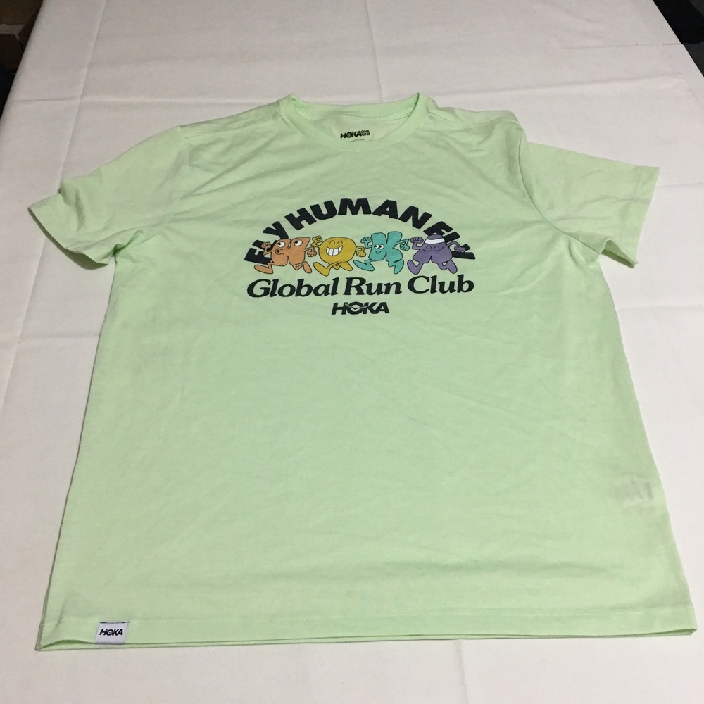 Hoka One One Global Run Club T-Shirt Medium Green Fly Human Fly Graphic Tee